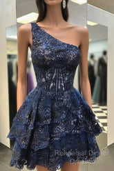 One Shoulder Short Navy Blue Lace Semi Formal Prom Dresses, One Shoulder Short Navy Blue Formal Homecoming Dresses